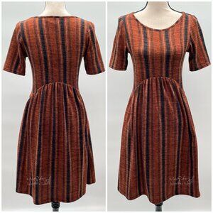 Vintage Love Kuza Rust Stripe Inverted U Asymmetrical Waistline A-Line Dress